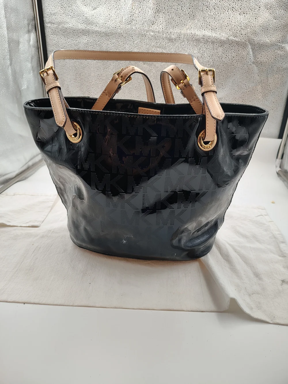 MK Black Patent Tote with Tan Handles
